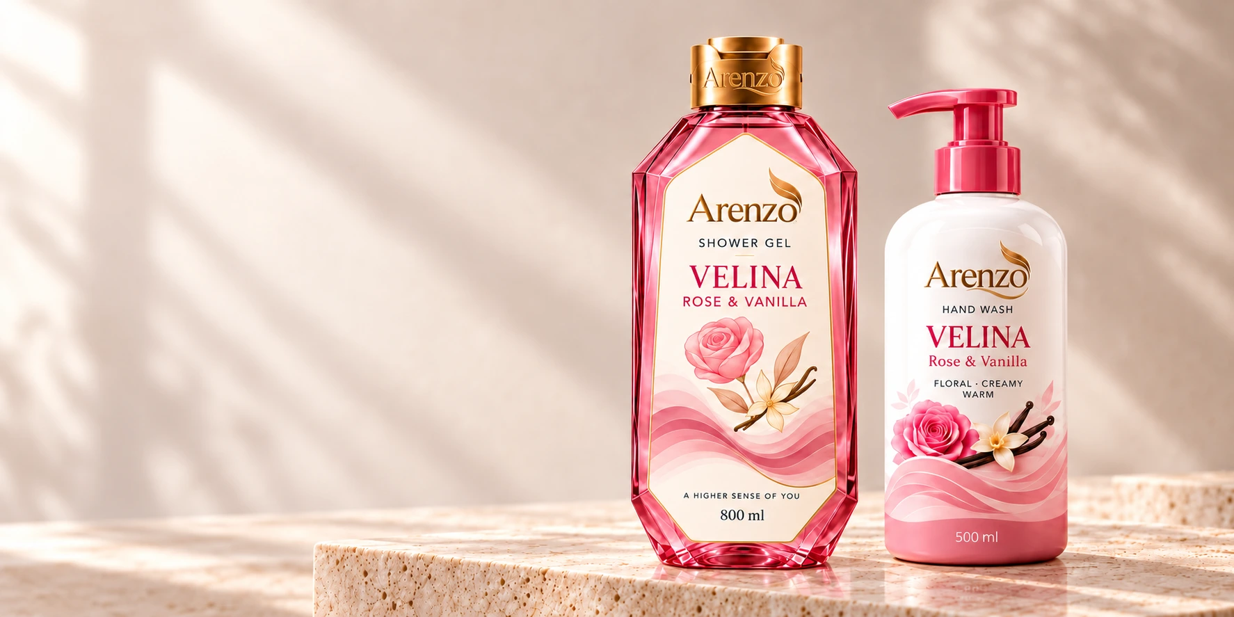 VELINA Rose & Vanilla, matching shower gel & hand wash on travertine